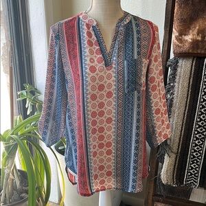 PINK ROSE-Bohemian Striped Women's Top - Red, Blue, White - Size Small